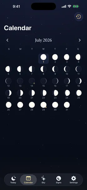 Gibbous lunar calendar, a month grid of moon phases