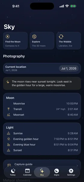 Gibbous Sky screen with the photography planner