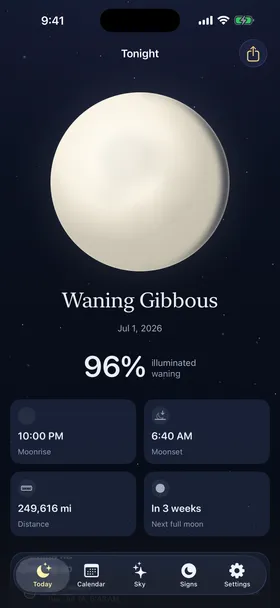 Gibbous Today screen with the current moon phase