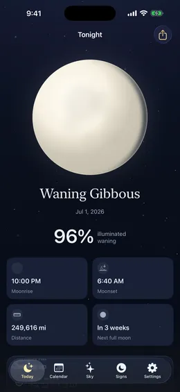 The Gibbous Today screen with the moon, illumination, and moonrise